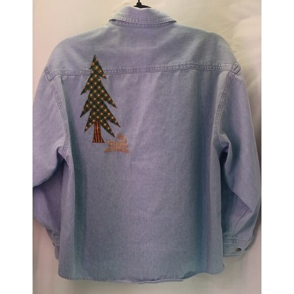 VTG 90s Copa Banana Denim Shirt Moose Bear Applique Medium Chambray Button Down - Picture 2 of 6